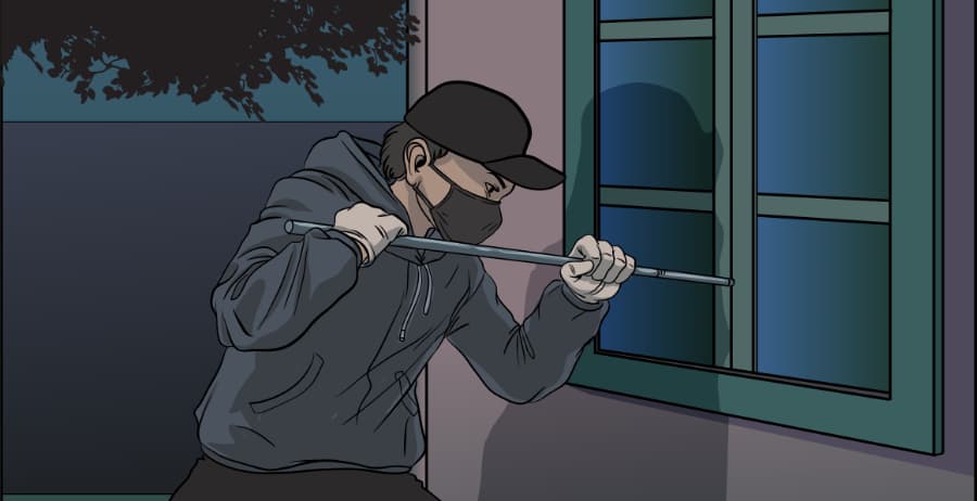 Illustration of burglar forcing entry through a window in Mesa
